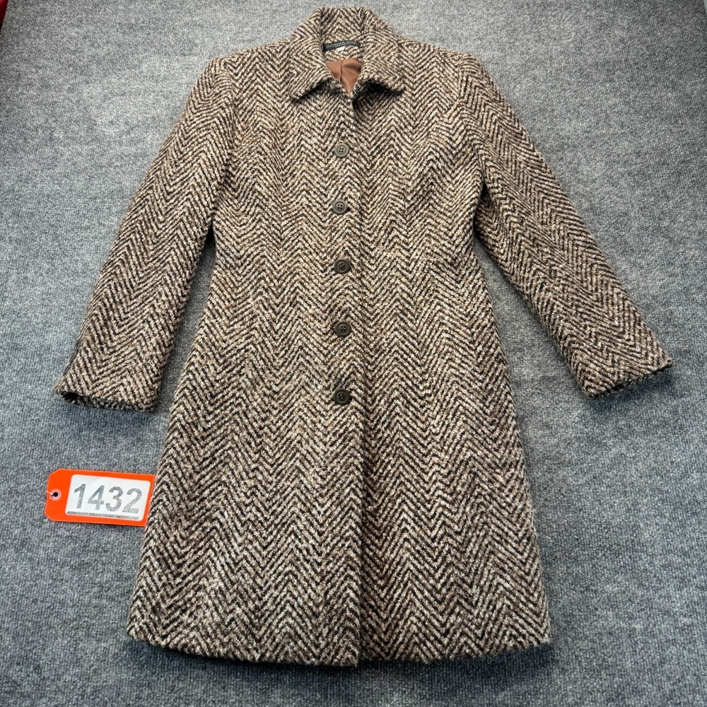 Vtg Donna Rae New York Womens S Herringbone Tweed Trench Coat Jacket Brown Small